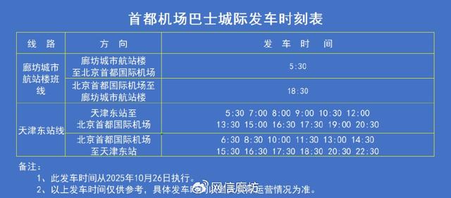 廊坊城市航站楼机场大巴运营时间