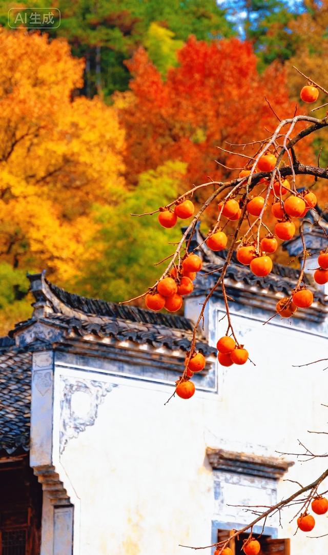 红柿悬枝，秋山染彩