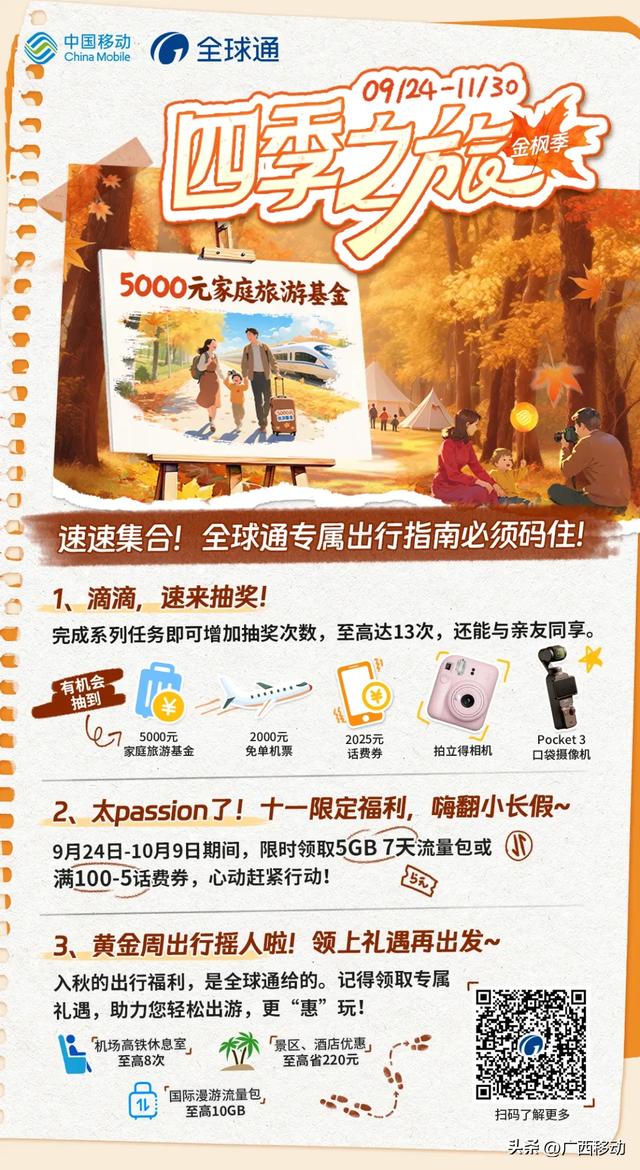 双节同庆!全球通四季之旅抽大礼:5000元旅游基金+2000元机票