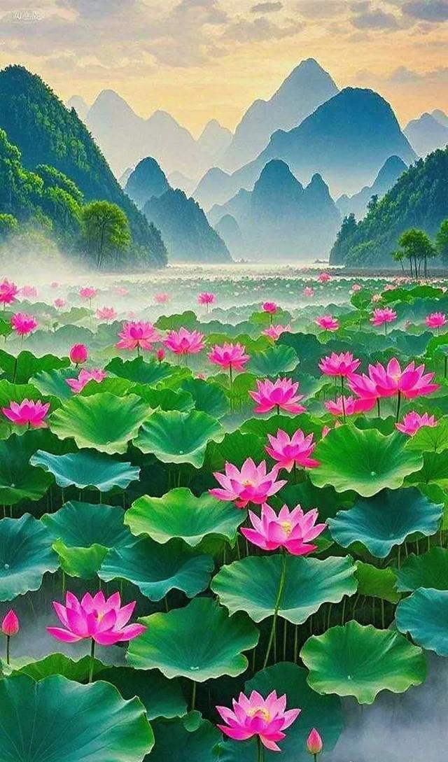 粉荷映青山，绝美好景