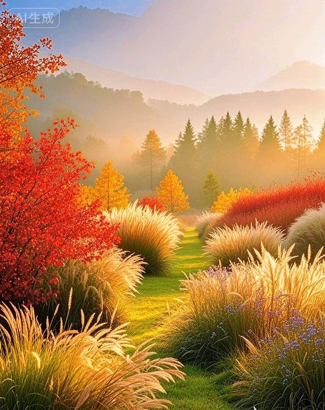 秋草染了橙红与金黄，是秋天的绝色