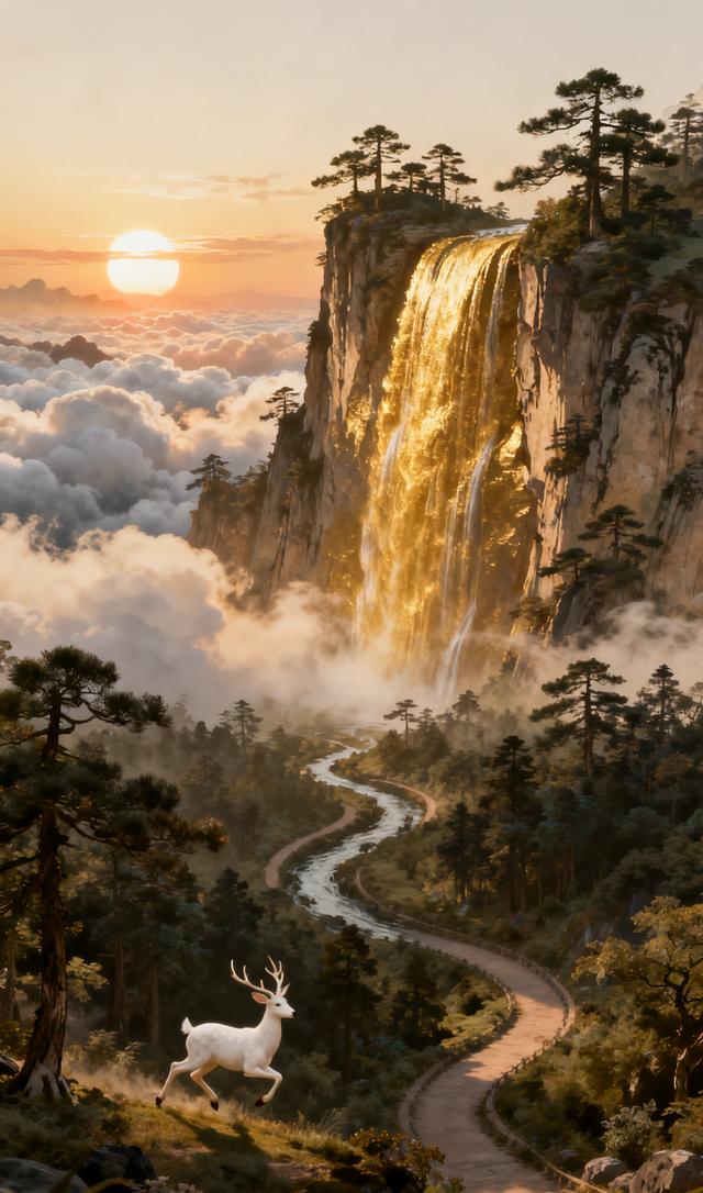 仙境瀑布，白鹿飞奔，梦幻山水，如梦如幻！