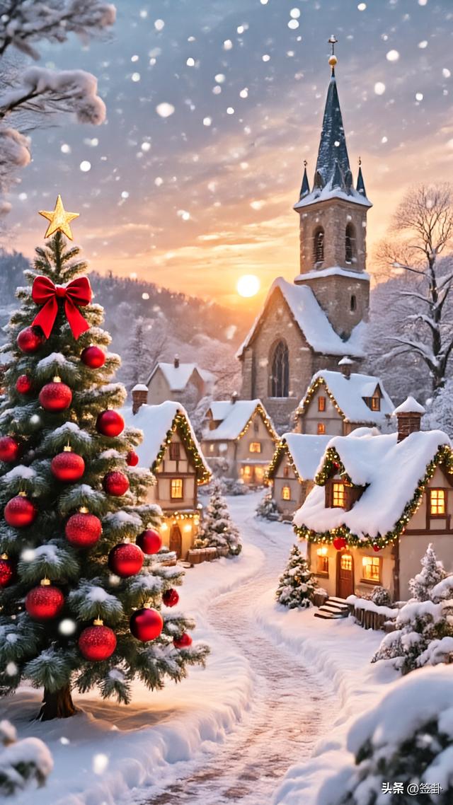 白雪皑皑的圣诞黄昏美景