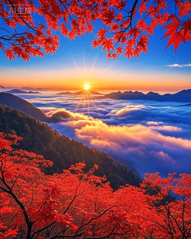 看秋天的第一场日出：红枫云海共舞，金阳初升美如画