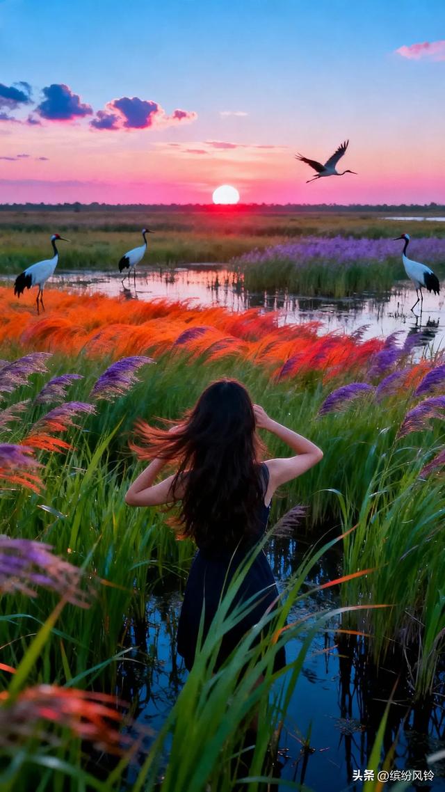 夕阳下的湿地，丹顶鹤在水畔翩跹