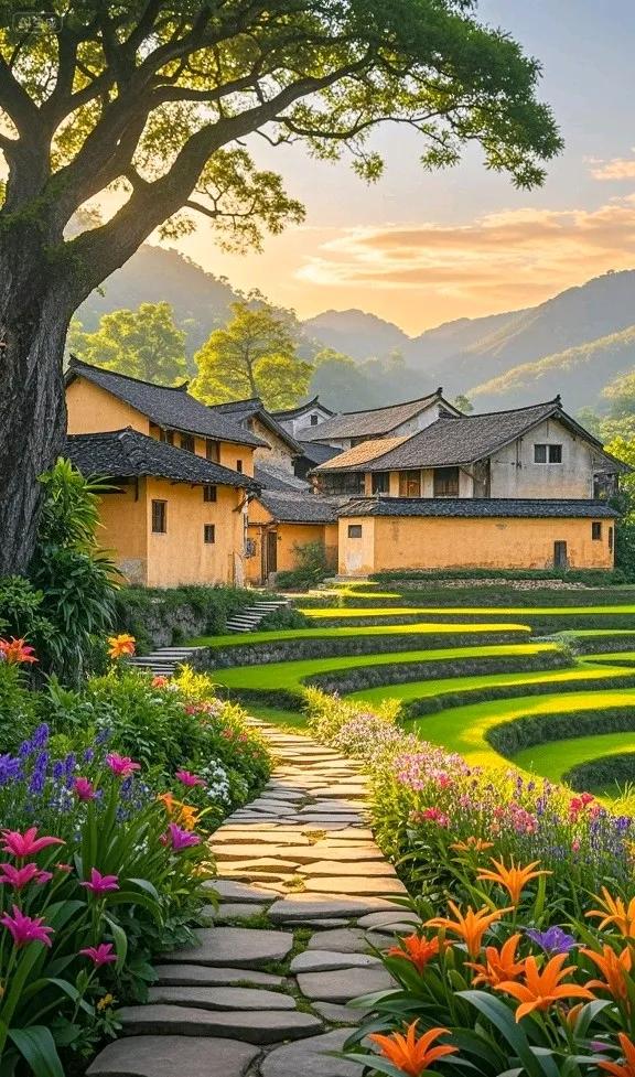 古村卧花海，梯田连远山，美成田园诗画