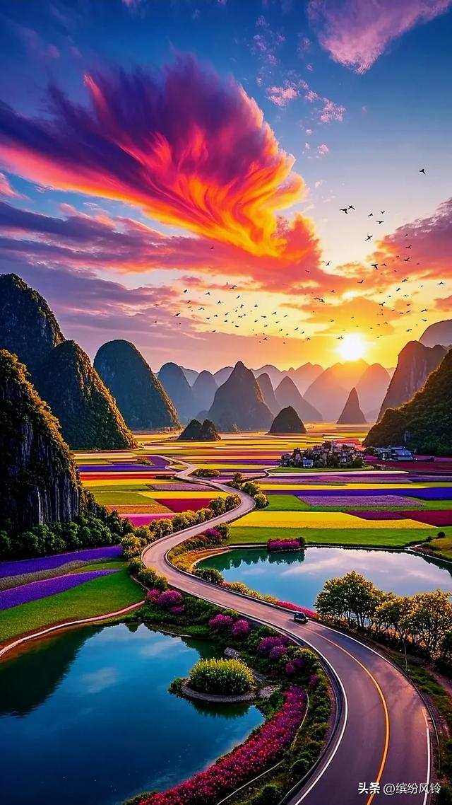 霞光似梦幻锦缎，晕染了天际
