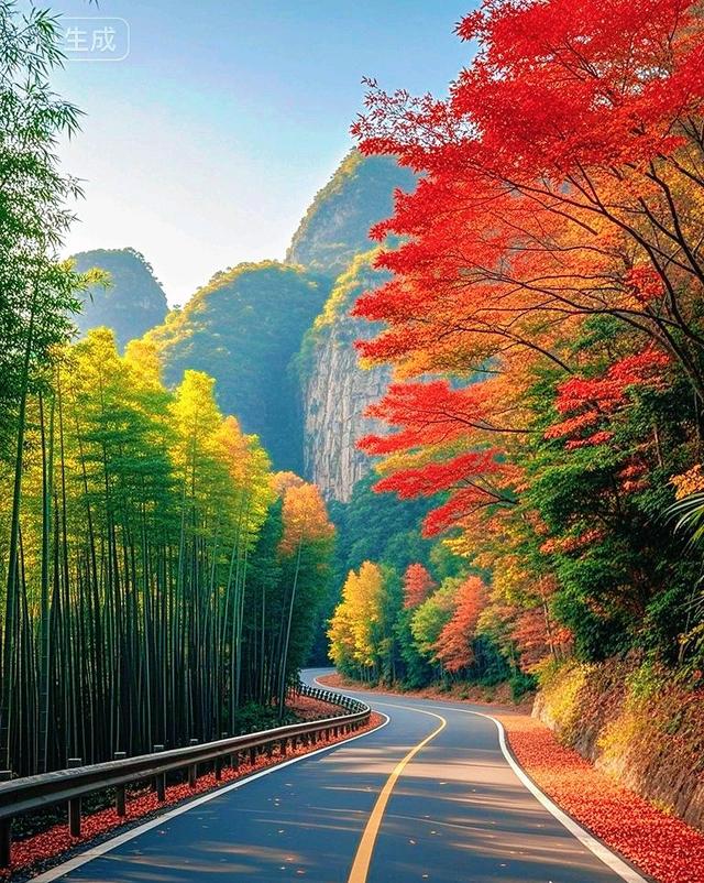 彩林竹海环山径，一径斑斓入画来