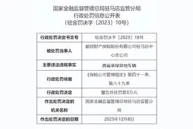 跨省承保异地车辆，都邦财产保险驻马店中心支公司被警告并处罚款3万元图片