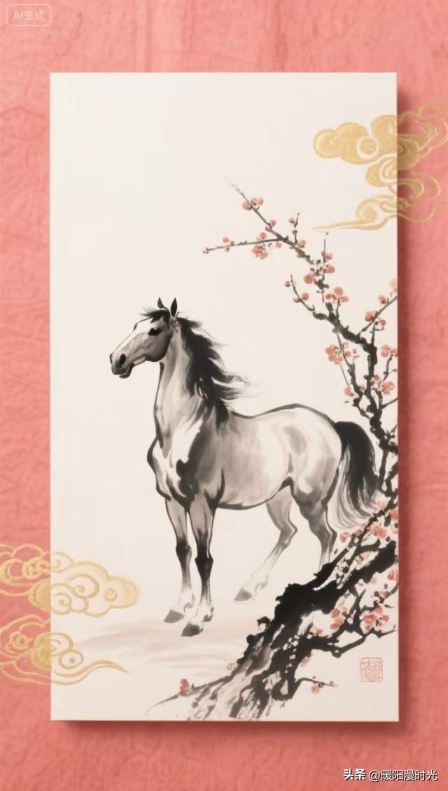 骏马踏祥云 新春送福来 水墨丹青绘 龙马精神旺丨小欣插画&AI设计