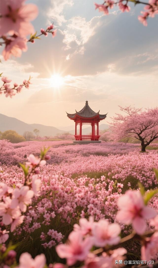 粉嫩花海拥古风亭台 一步踏入幻梦之境