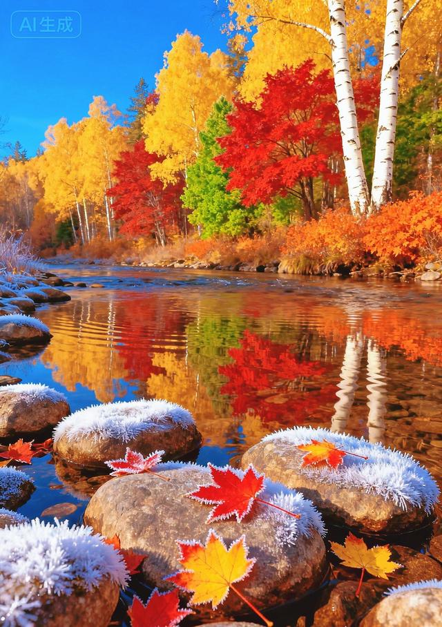 霜覆溪石，枫染红黄，秋溪藏尽斑斓色