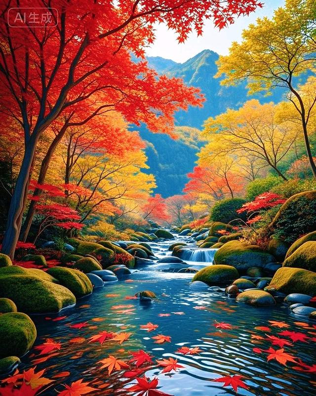 深山秋溪红枫舞，石上清泉彩叶流