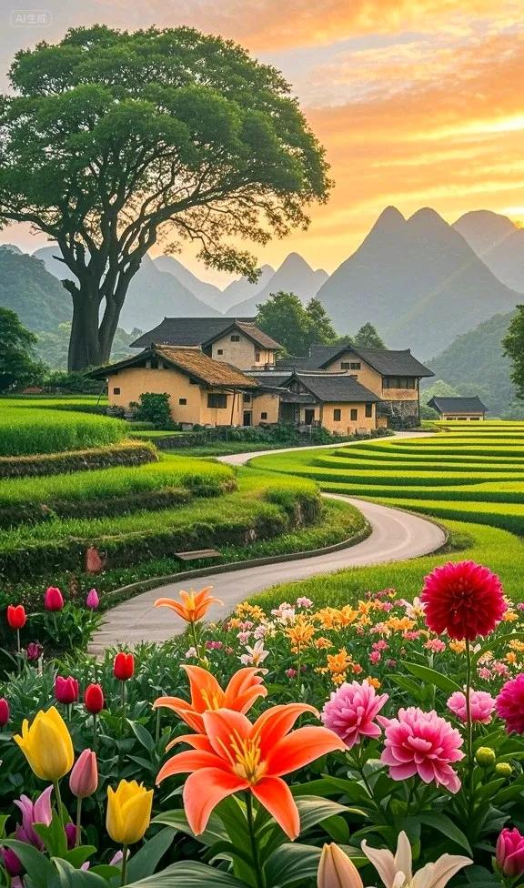 古村卧花海，梯田连远山，美成田园诗画
