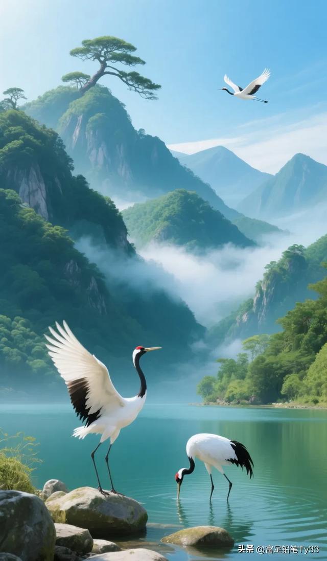 仙鹤翩翩起舞，山水如画，美不胜收！