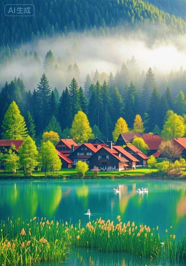 青山静水间，红舍伴鹅游