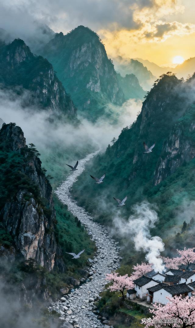 云雾缭绕的世外桃源，粉嫩樱花映衬古村落，仙境般的宁静与美丽！