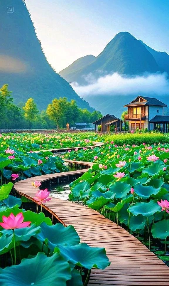 青山碧水间，荷花盛放，来赴一场自然之约