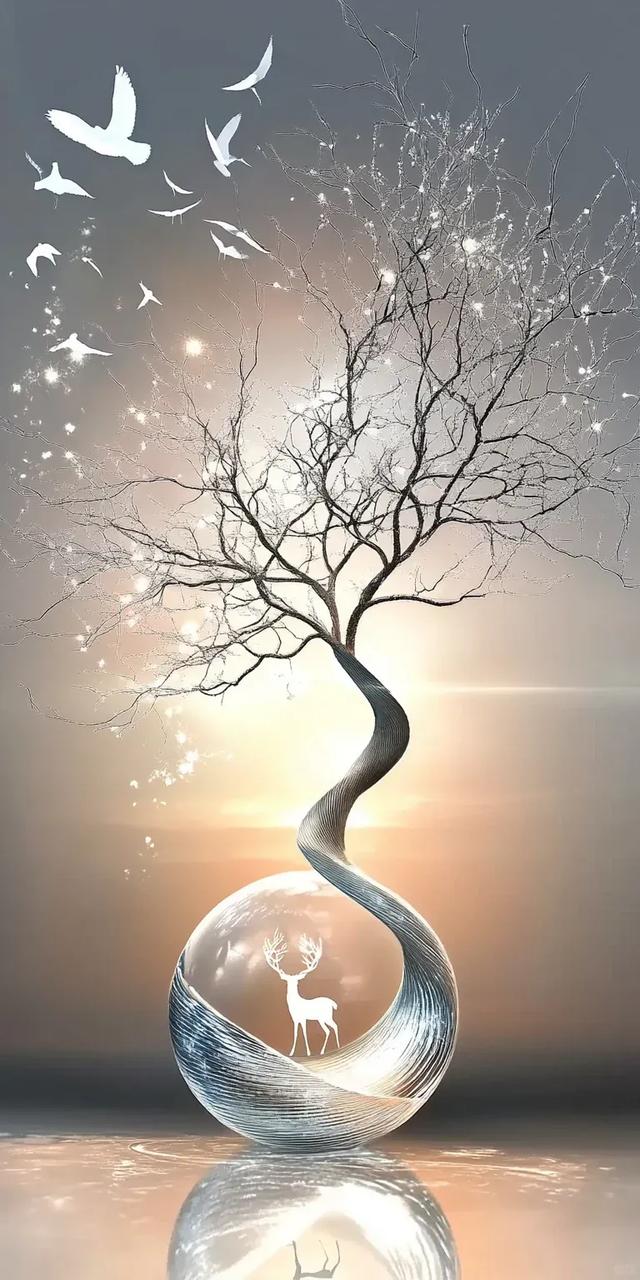 梦幻森林中的鹿与树，静谧而神秘