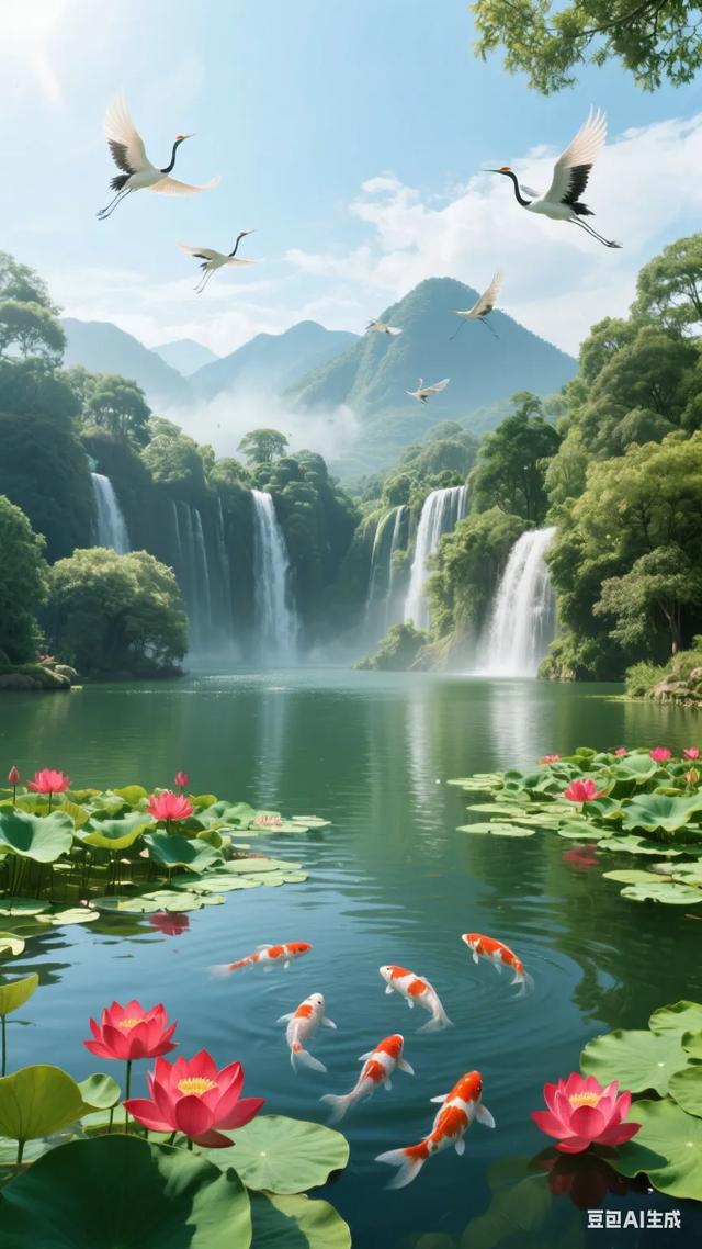 梦幻仙境，飞瀑流泉，锦鲤戏水，白鹭翱翔，大自然的诗意画卷！
