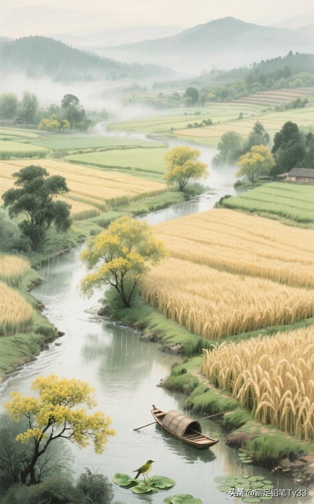 在田园风光中，划船的农夫与飞翔鸟儿，构成了一幅宁静的乡村画卷