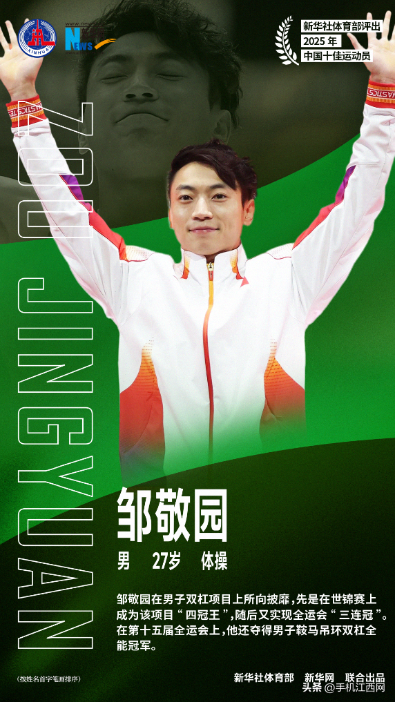 2025年中国十佳运动员：石宇奇、巩立姣、刘焕华、孙颖莎、陈芋汐、苏翊鸣、邹敬园、胡凯、覃海洋、蒋裕燕