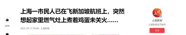 上海市民已在飞往新加坡的飞机上，突然想起燃气灶煮着鸡蛋未关火