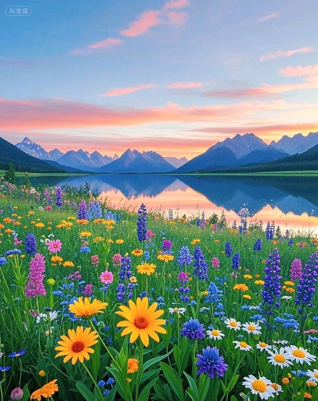 黄昏下的花海、湖泊与远山，每一处都美到让人心醉～