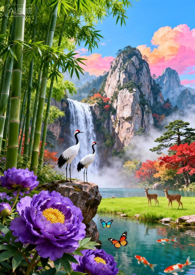 翠竹丹鹤映紫牡丹，仙山瀑布伴锦鲤，满眼皆是好风光