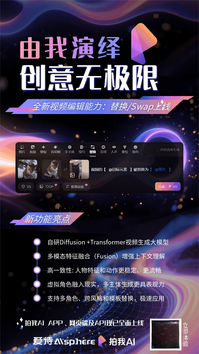拍我AI视频替换功能(Swap)上线，开启“角色演绎”创作新玩法