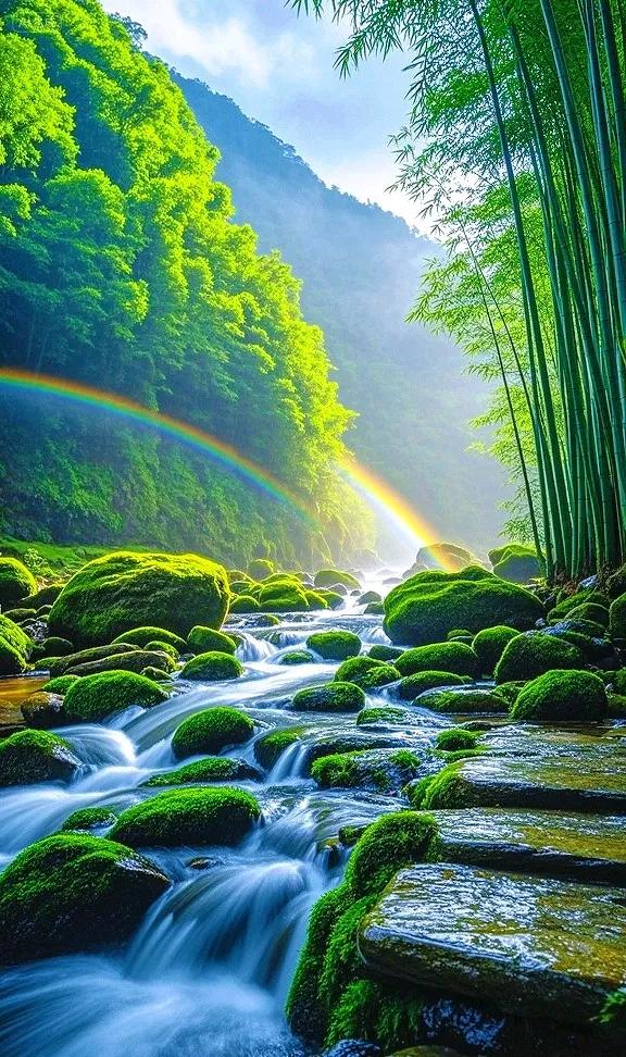 走进翠绿竹林，邂逅潺潺溪流与梦幻彩虹 ，心都被这方天地治愈啦~