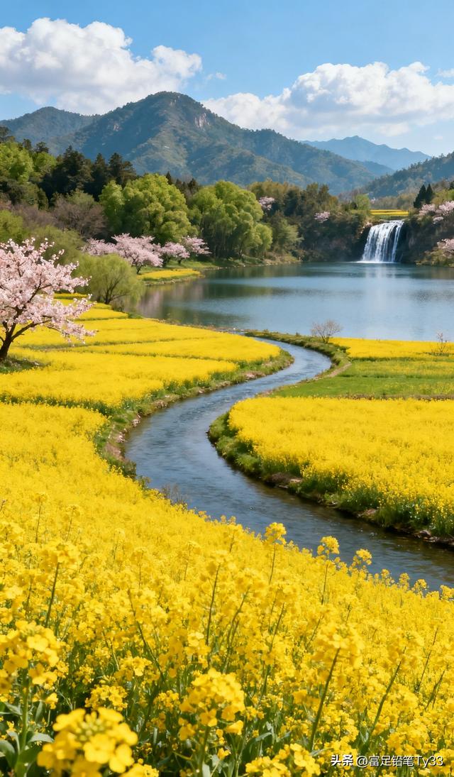 田园铺锦春光灿，花海翻波草色鲜，风拂柳丝摇梦幻斑斓春色醉心间