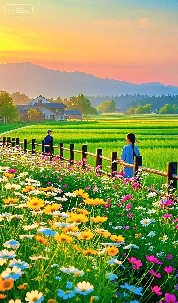 漫山花海裹挟温柔日落，目之所及尽是美好，这个景色真的好治愈啊