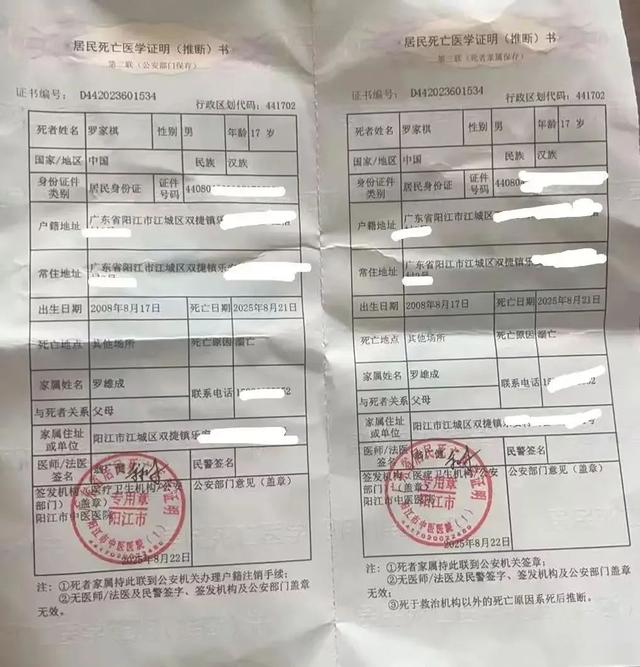 罗家祺不幸身亡，年仅17岁