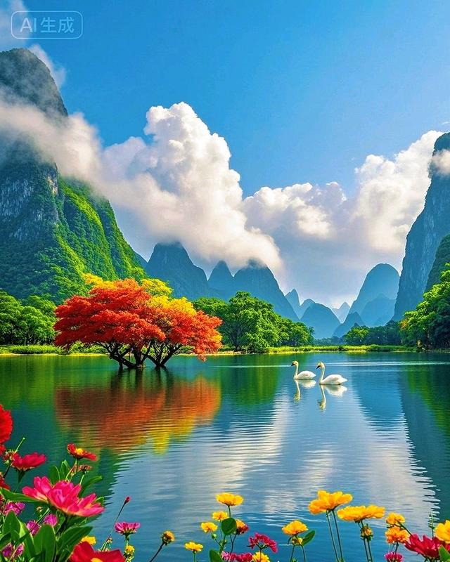 青山云雾缭绕，湖光山色映天鹅，此景如画醉人心