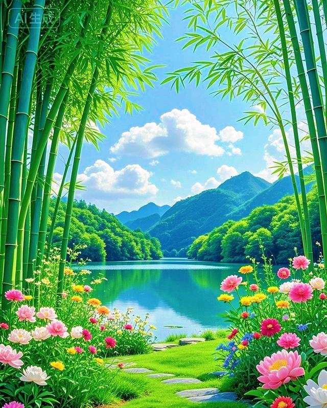 竹林繁花、澄澈湖水、连绵青山与漫天云絮，一幅绝美的山水画卷！