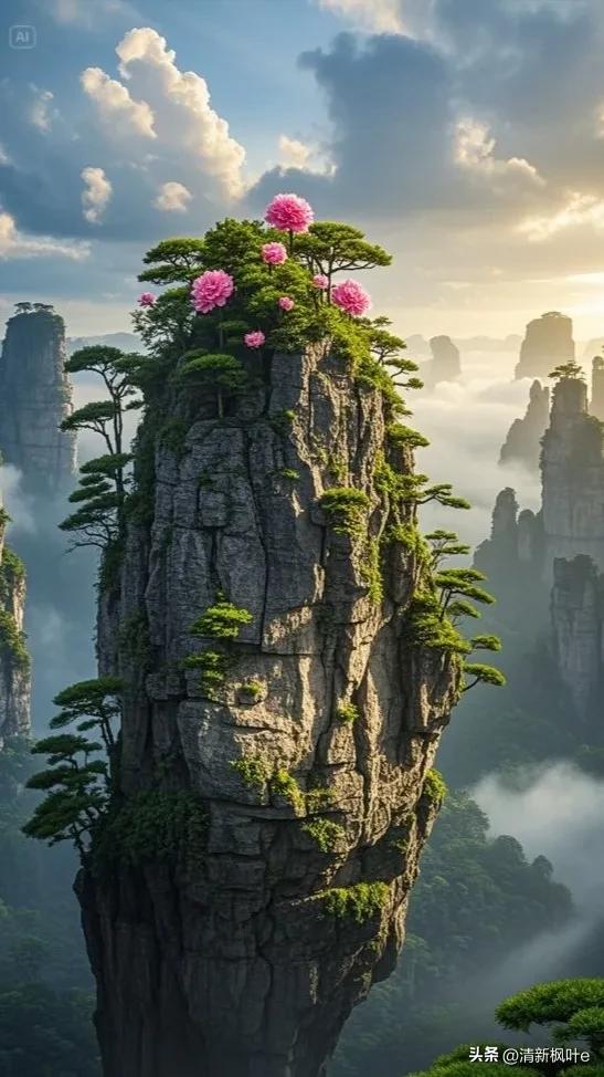 在云雾缭绕的奇幻之境，张家界悬浮山宛如超脱尘世的仙岛傲然矗立