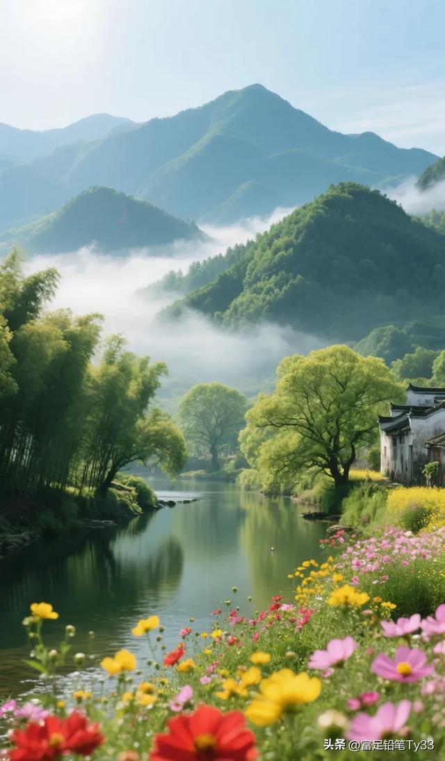 “山间小溪，花海映衬，人间仙境，美不胜收！”