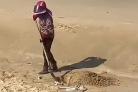 图省事还是面子工程 环卫工人光天化日在沙滩上挖坑埋垃圾 坚决辞退图片