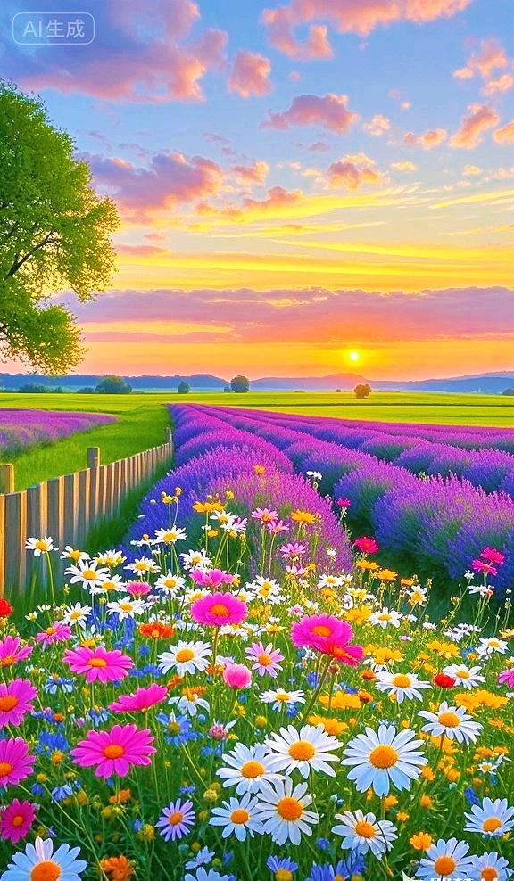 漫山花海裹挟温柔日落，目之所及尽是美好，这个景色真的好治愈啊