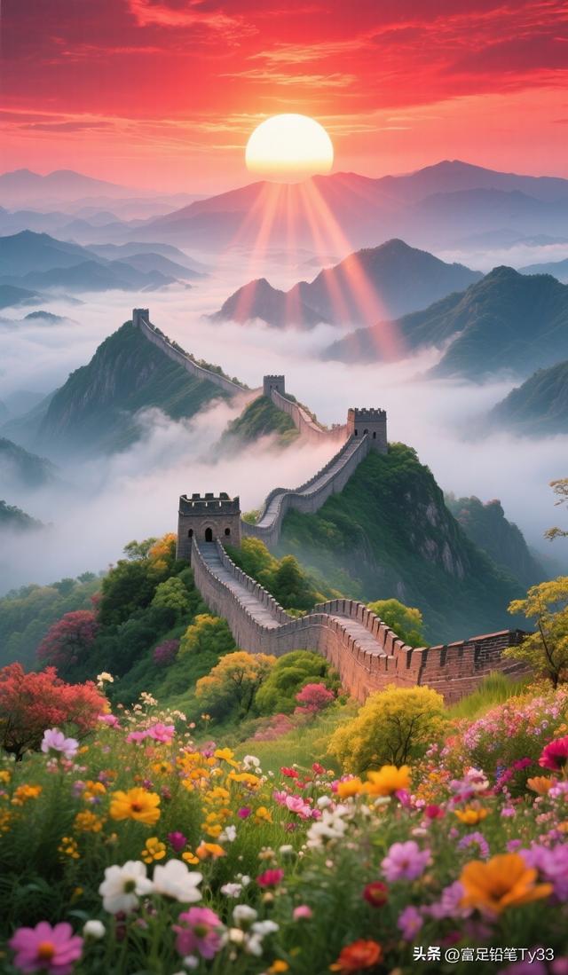 惊叹！长城巍峨处云海花海交织，共绘壮美绝伦之景！