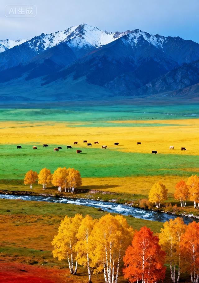 雪山下的秋野牧歌