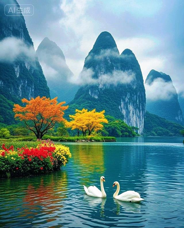青山云雾缭绕，湖光山色映天鹅，此景如画醉人心