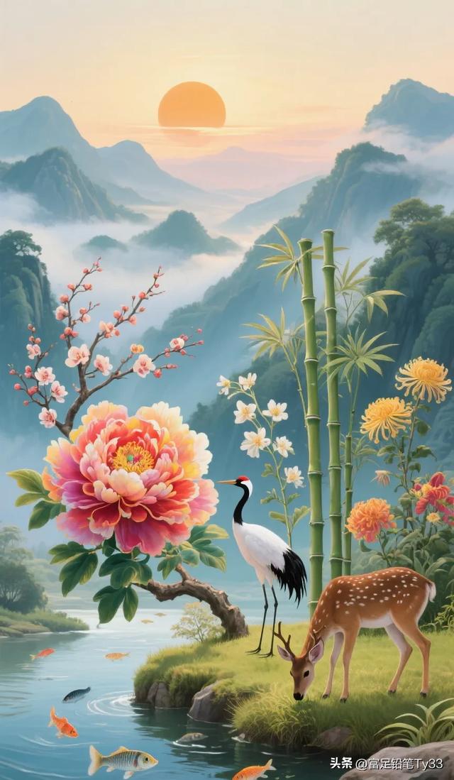 仙境般的自然风光，白鹤与鹿的和谐共处，令人心旷神怡！