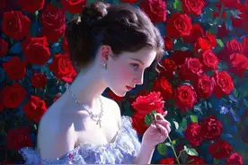 唯美油画——玫瑰花丛中的少女图片