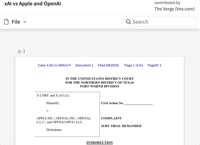 马斯克将OpenAI苹果告上法庭:指控ChatGPT垄断iPhone,Grok被打压