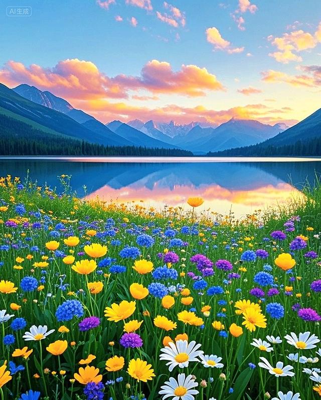 黄昏下的花海、湖泊与远山，每一处都美到让人心醉～