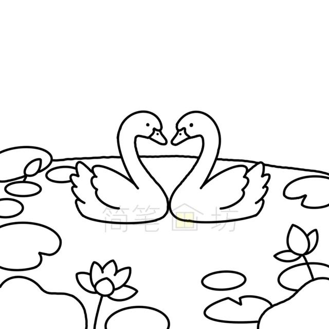 治愈你的心：一对白天鹅的浪漫简笔画（附线稿）
