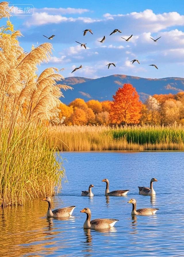 秋湖漾金波，灰雁悠然游，彩林裹暖光，好治愈～