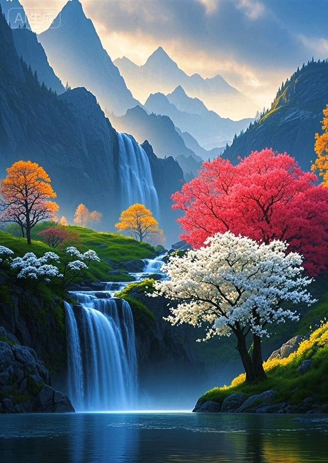 青山、彩树配瀑布，这自然风景看着太治愈了